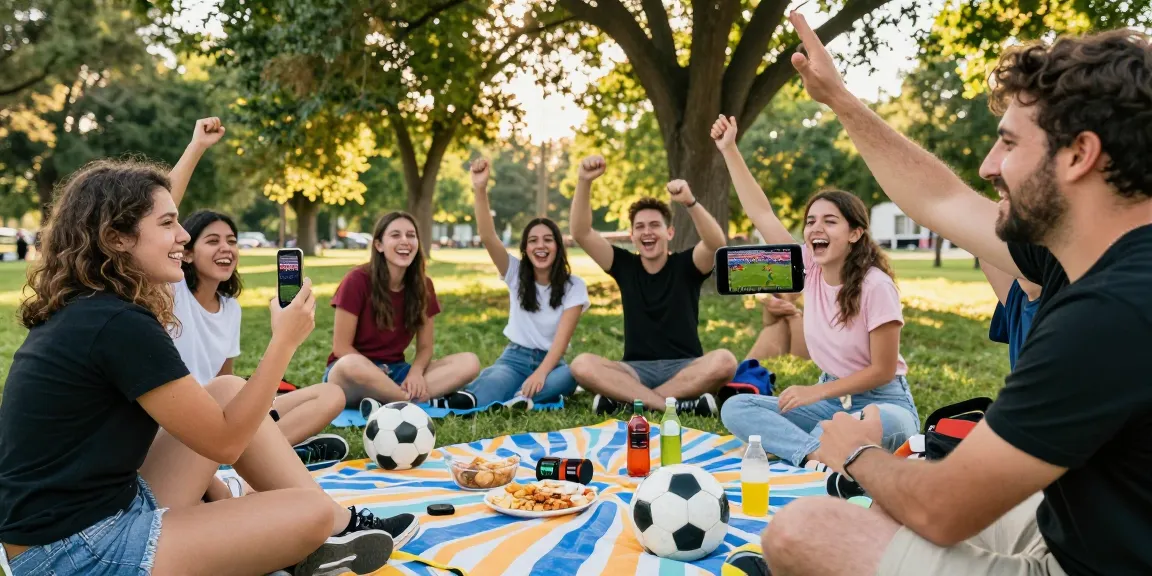 Penggemar nonton bola gratis di taman, merayakan pertandingan bersama teman-teman.