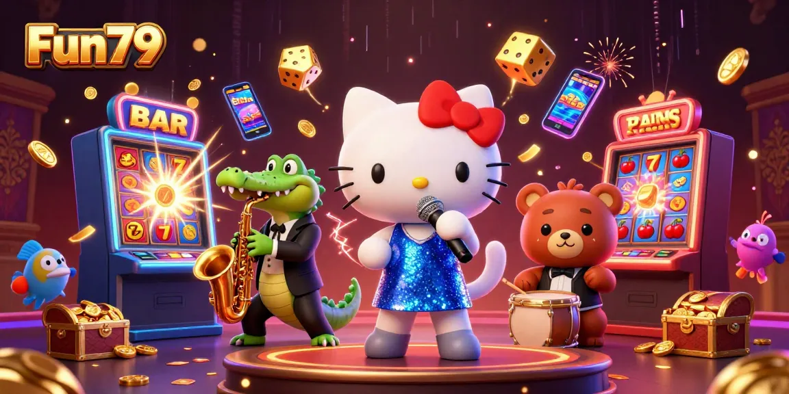 Enjoy thrilling slots and games at Fun79, featuring lively cartoon characters in a vibrant casino scene.